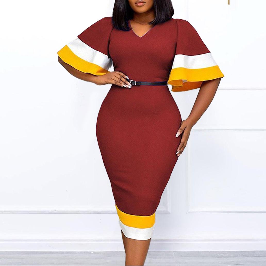 

Женское летнее платье с рукавами-трубами и V-образным вырезом — профессиональный африканский и европейский стиль, большой размер, коллекция 2022 года. XXL красный/ржавый