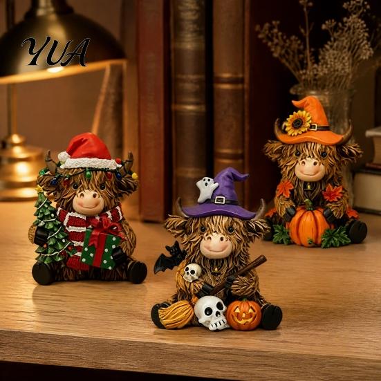 Highland Cow Figurine 3Pcs Figurine, Resin Yak Statues for Thanksgiving Christmas, Small Decorative Figurines Farmhouse Tabletop Ornaments Shelf