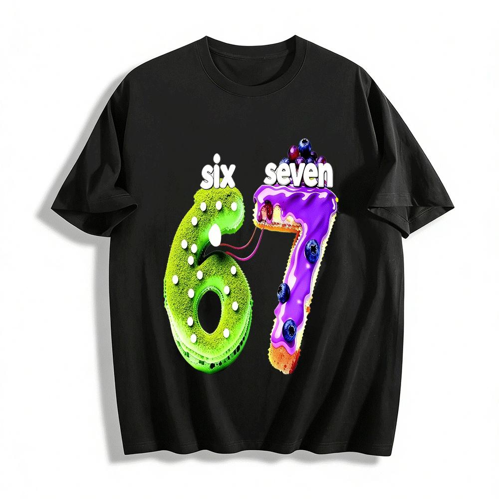 Cute Number 67 Cake Print Casual Short Sleeve Top For Adults Kids Pure cotton T-shirt XXS