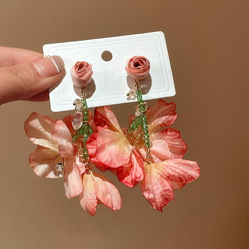 Silver Needle Sweet Flower Mesh Crystal Fringed Earrings Pastoral Premium Earrings Personalized Atmosphere Earrings Women