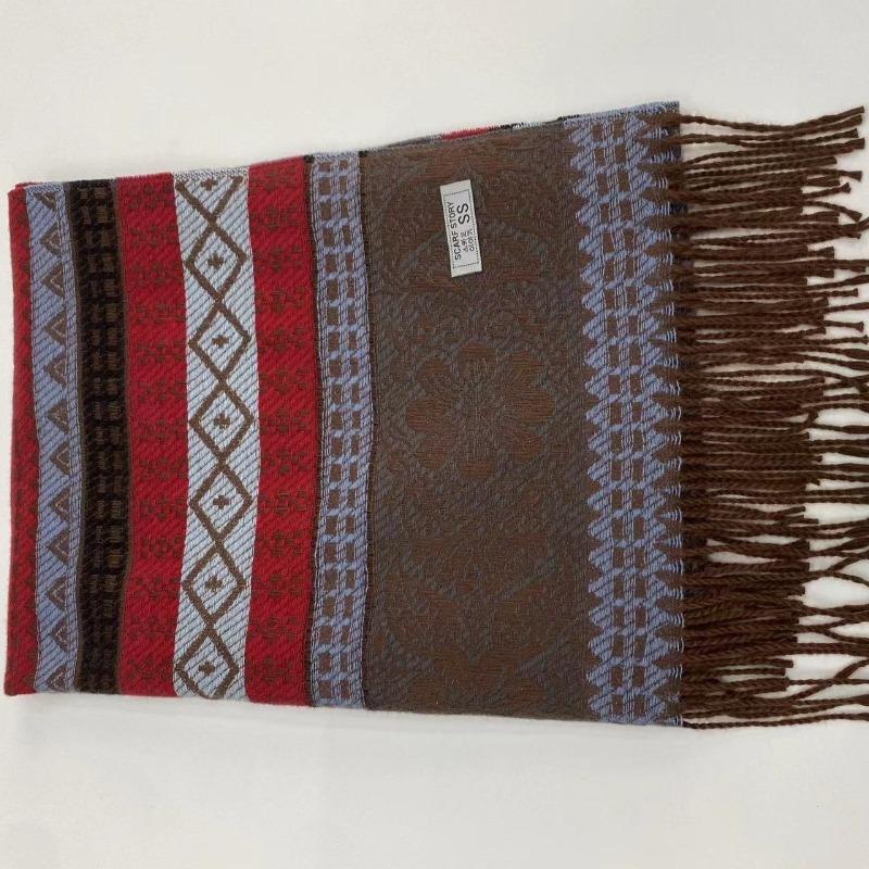 Travel Ethnic Style Striped Faux Cashmere Thick Scarf Fashionable Versatile Windproof Scarf for Women