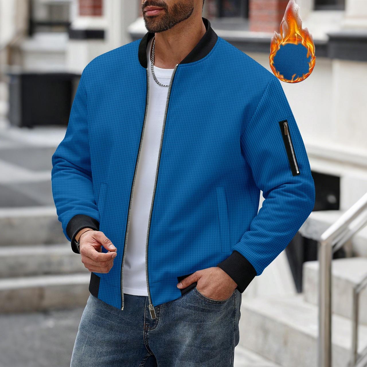 Men s Winter Waffle Cardigan Jacket with Zippered Pockets and Stand Collar L синий