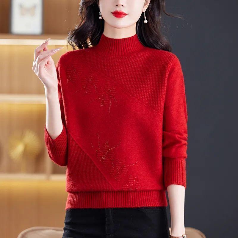 Solid Color Jacquard Knitted Sweater Women's High Neck Winter Sweater Knitted Base Sweater