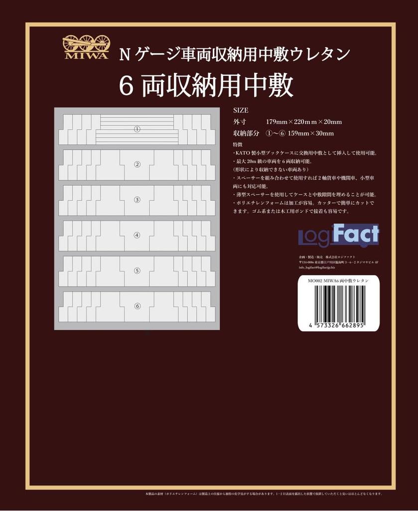 Logifact MIWA KATO Small N Gauge Train Storage Case, Replacement Urethane Insole for 6 Cars (5 Pieces), Gray, 220mm x 179mm x 20mm, MO002