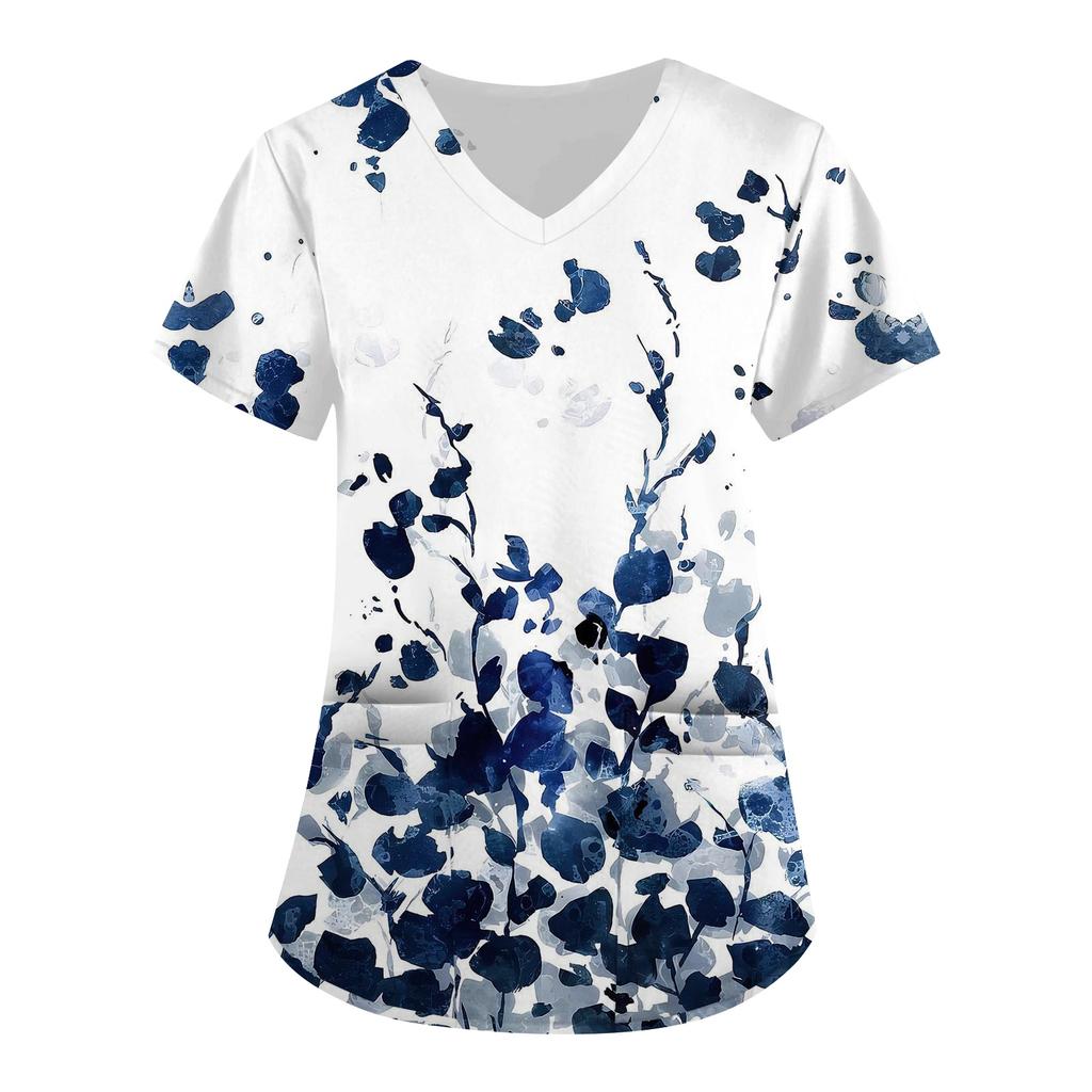Mărimi MariUniforme Medicale Imprimate Topuri de Lucru pentru Femei Decolteu în V Încrucișat Imprimeu Mânecă Scurtă Tricouri Amuzante Îmbrăcăminte de Lucru Tricou cu Buzunare