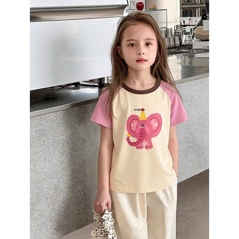 27Home Kidsren's Short-Sleeved T-Shirt Summer New Style Girls Baby Clothes Cartoon Elephant Print Top Pure Cotton