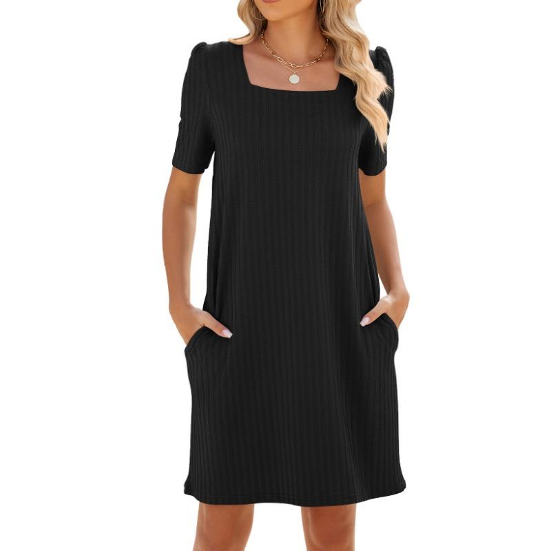Women's Summer Square Collar Short Sleeve Pocket Solid Color Dress