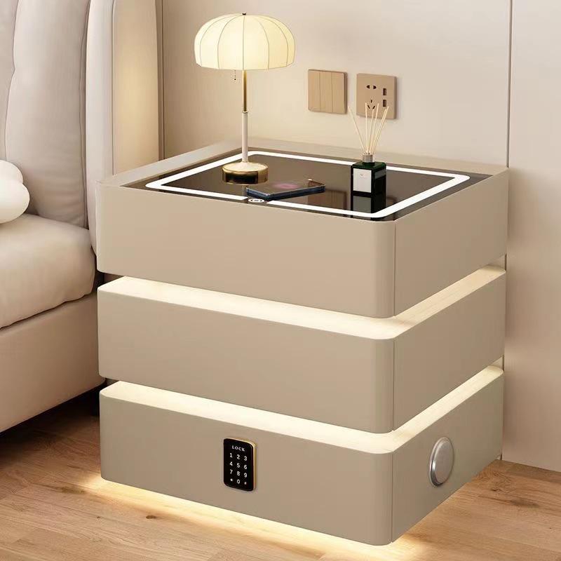 Solid Wood Floating Bedside Table with Wireless Charging & Three Drawers — Modern Light Luxury Bedroom Cabinet