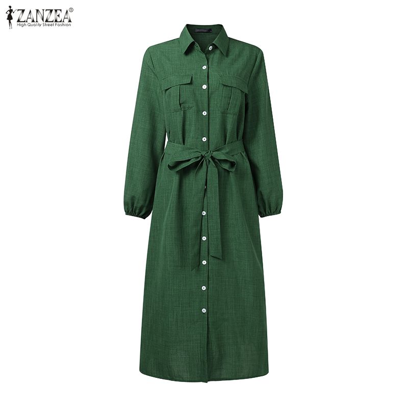 ZANZEA Lässiges Kleid mit Umlegekragen und langen Ärmeln für Damen