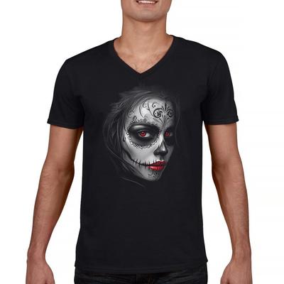 Sugar Skull Portrait V-Neck T-shirt Gothic Beauty Red Lips Day of the Dead Tee