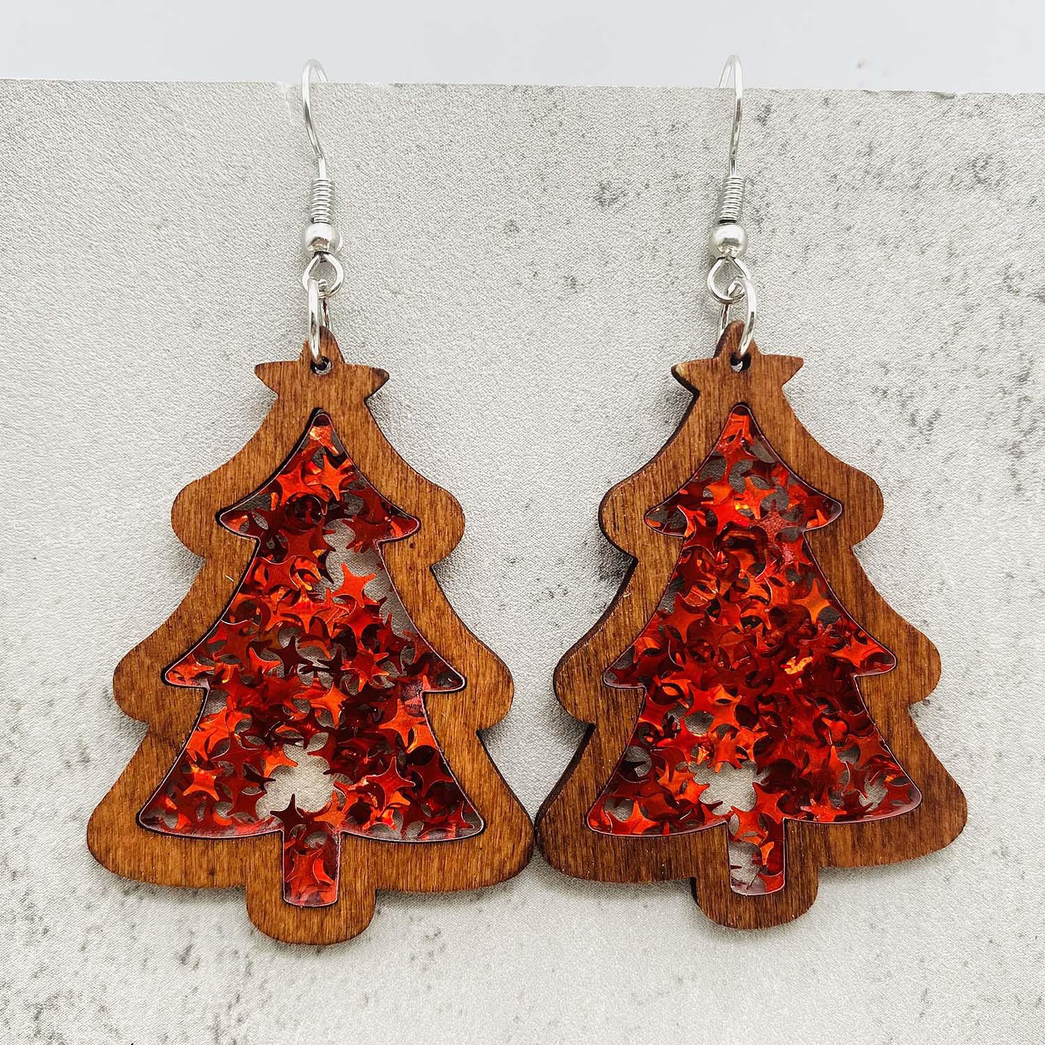 

Christmas Tree Wooden Earrings with Acrylic Sequins - Festive Holiday Jewelry Acrylic + Wood