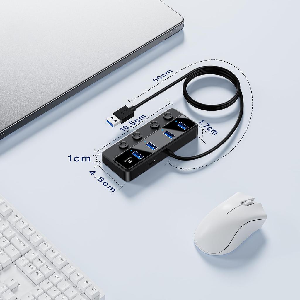 QEEFUN USB Hub with 5Gbps Charging Power Supply 60cm Cable USB Independent LED Compatible with and Ideal for Remote and Working from Home 3.0