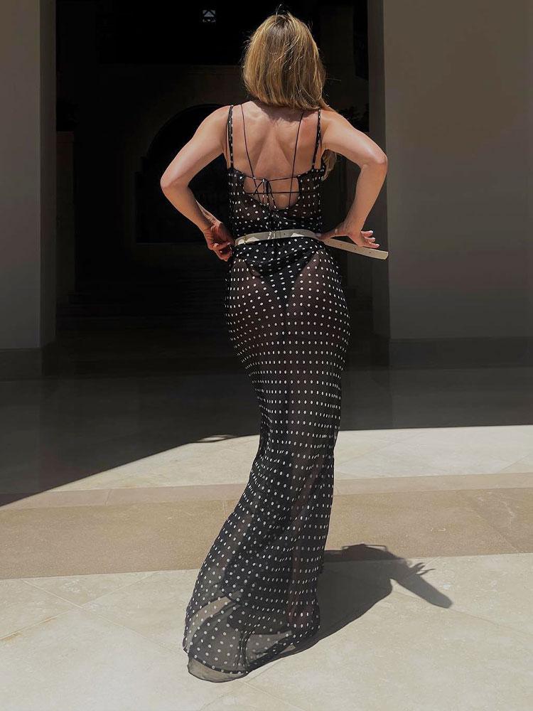 EDOLYNSA 2024 Black Fashion Polka Dots Sexy See Through Spaghetti Strap Beach Maxi Dress Women Summer Party Slip Dresses Swimsuit Cover Up