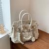 Vintage Denim Handheld Bag For Women With Pearl Chain Crossbody Purse For Daily Use