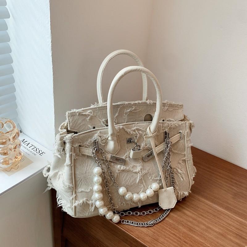 Vintage Denim Handheld Bag For Women With Pearl Chain Crossbody Purse For Daily Use