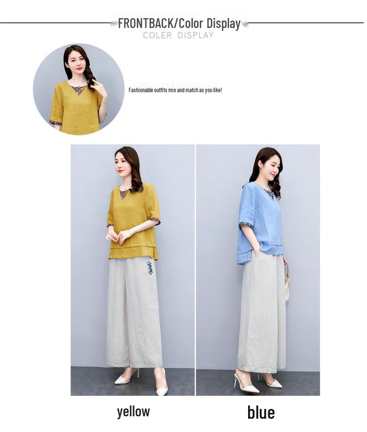 Summer 2025 Women's Retro Chinese Style Linen Top and Wide-Leg Pants Set