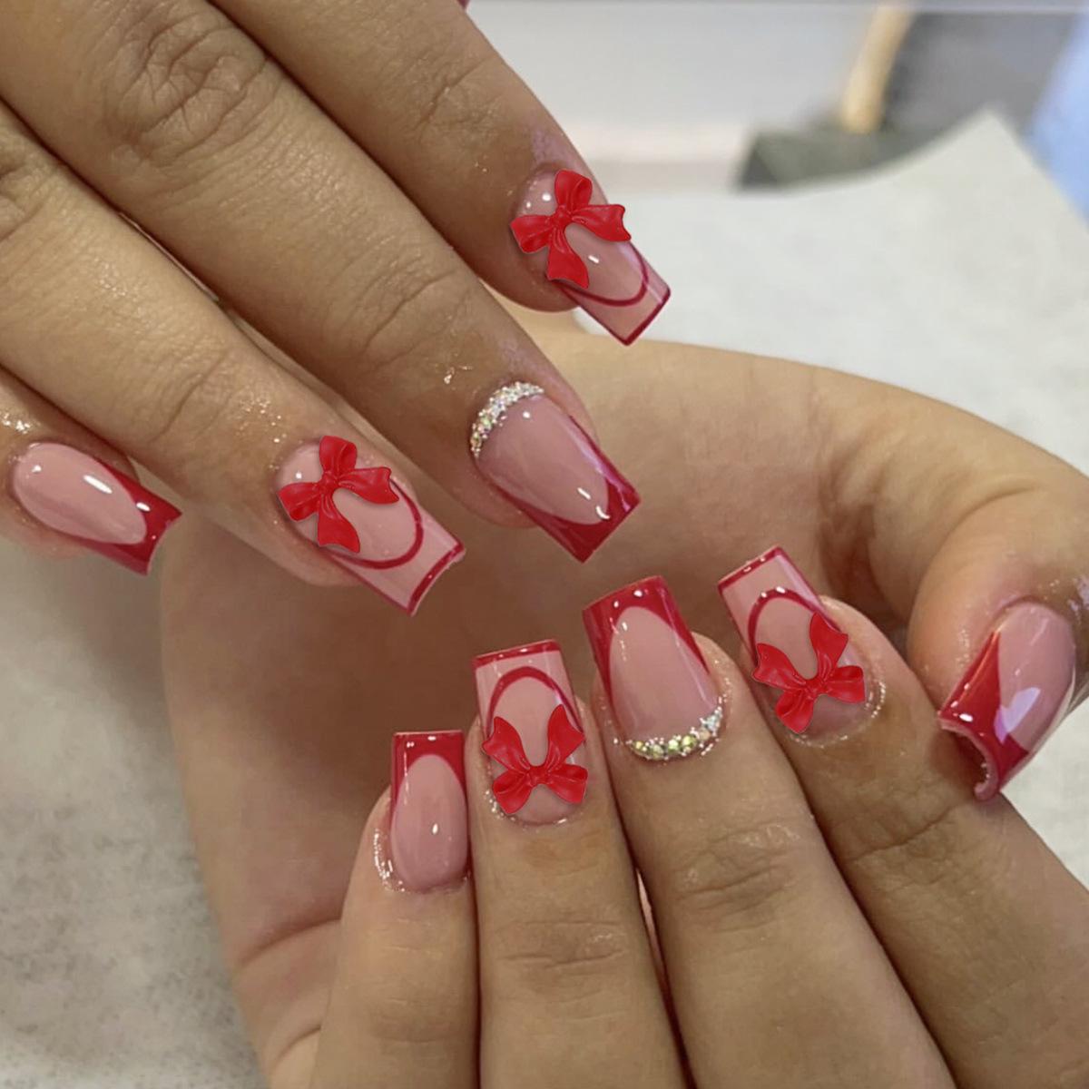 

24-Piece Removable Red Double French Square Nails with Fashion Bow Design