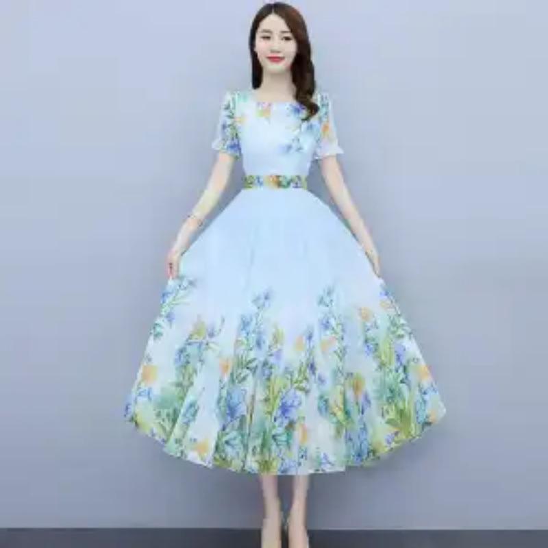 Women's Elegant Floral Print Chiffon Midi Dress Short Sleeve A-line Swing Casual Summer Dress