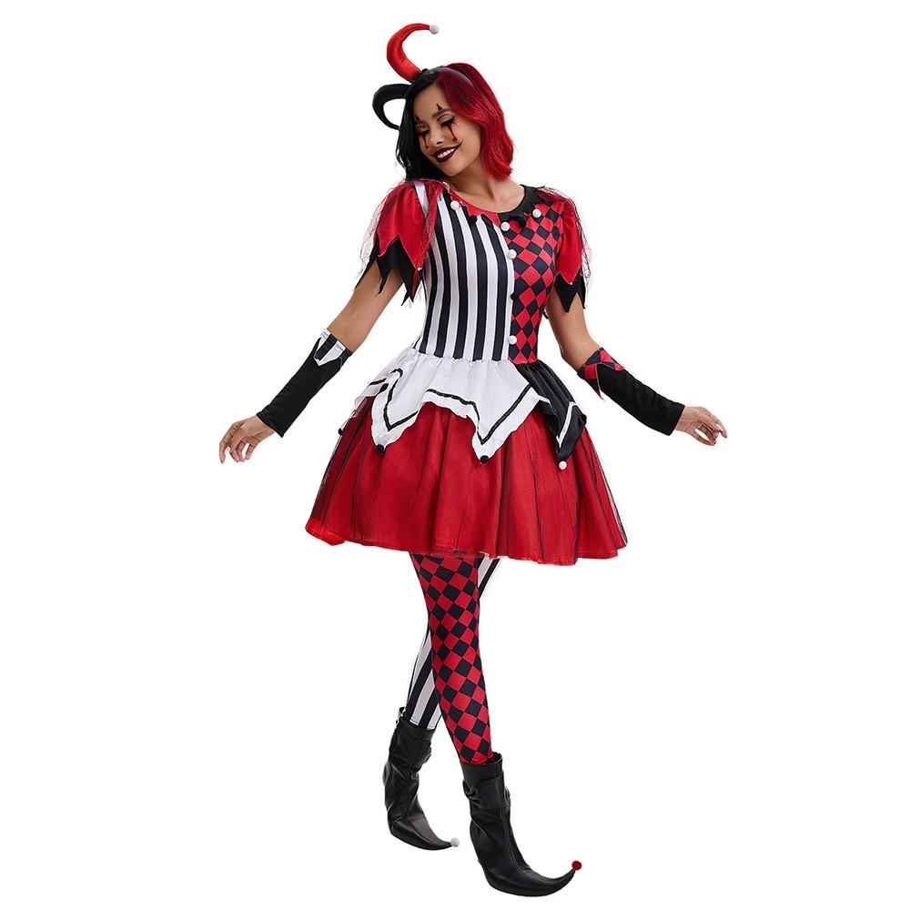 Halloween Female Clown Cosplay Outfit With Red Dress And Headpiece For Themed Parties