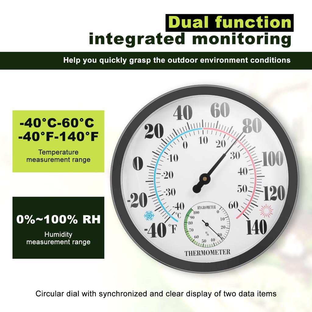 10" Thermometer Hygrometer Round Black Wall Mount Temperature and Humidity Monitor Outdoor Thermometer Hygrometer for Patio Home