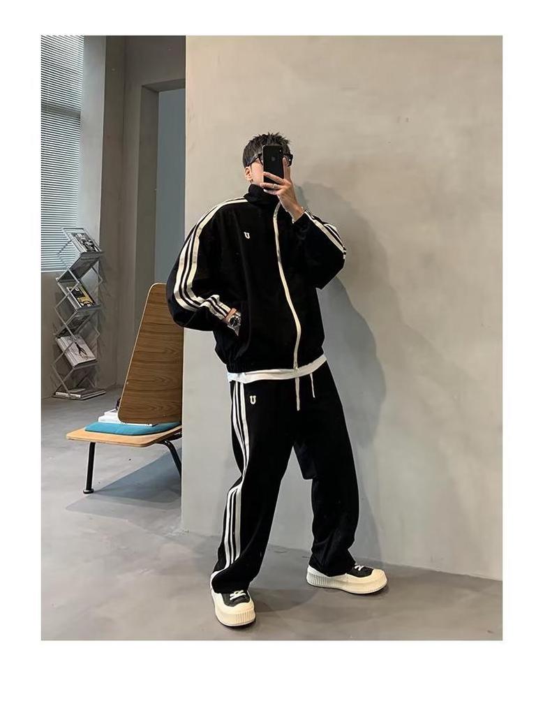 Completo Due Pezzi Casual Uomo Autunno/Inverno Stile Coreano con Collo Alto e Vestibilità Larga per Studente Sportivo 2024