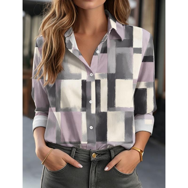 Women's Lapel Long Sleeve Geometric Print Button-Up Shirt, Stylish Casual Regular Tops for Spring Summer Daily Office Wear
