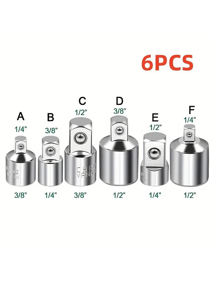 

6pcs Ratchet Wrench Socket Converter Sleeve Head Adapter 1/2 Big Fly To 3/8 Fly To 1/4 Stainless Steel To 1/4 To 1/2 To 3/8