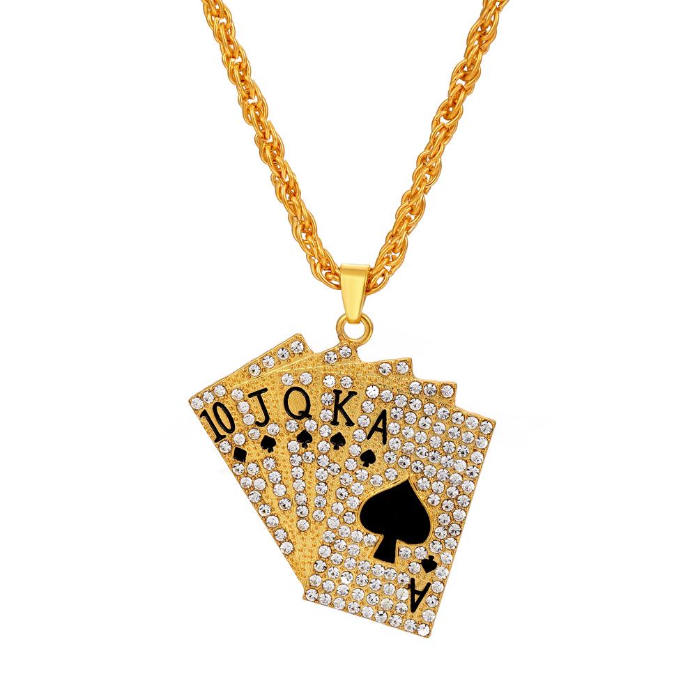 Punk Rhinestone Playing Card Pendant Necklace, Unisex Fashion Jewelry