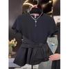 Women's Summer Asymmetric Shoulder Short-Sleeve T-Shirt Slimming Waist-Defining Bow-Detail Patchwork Top