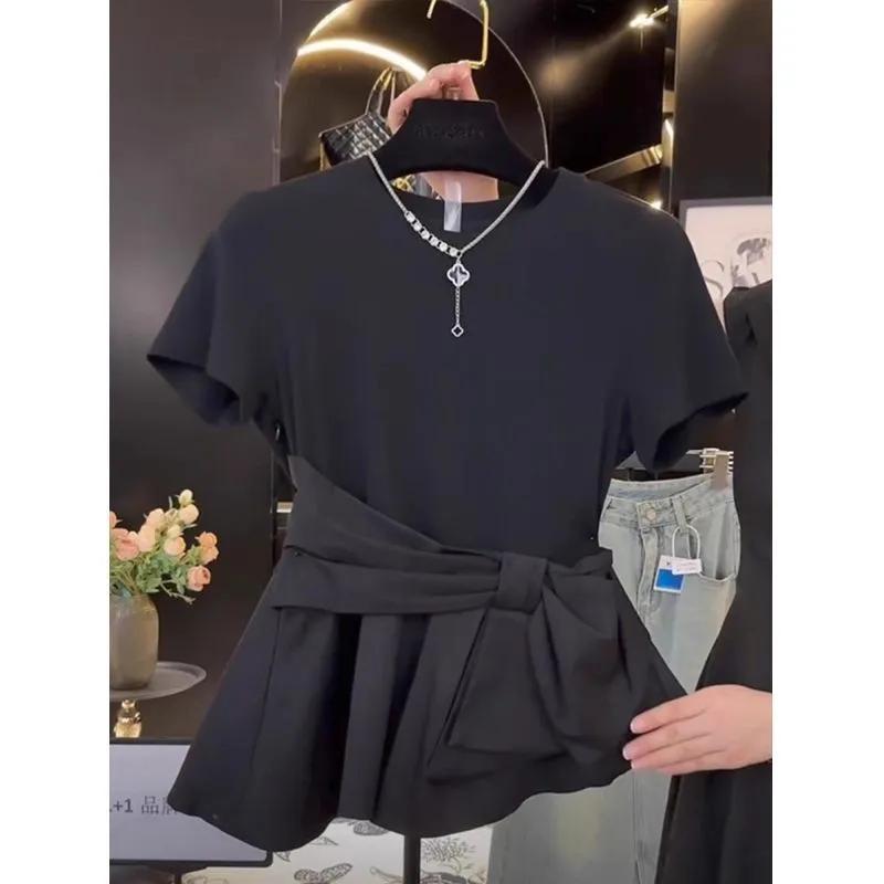 Women's Summer Asymmetric Shoulder Short-Sleeve T-Shirt Slimming Waist-Defining Bow-Detail Patchwork Top