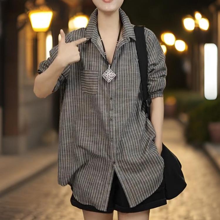 

New Spring Fashion Stripe Blouse Long Sleeve Tops Loose Women Shirt One Size чёрный