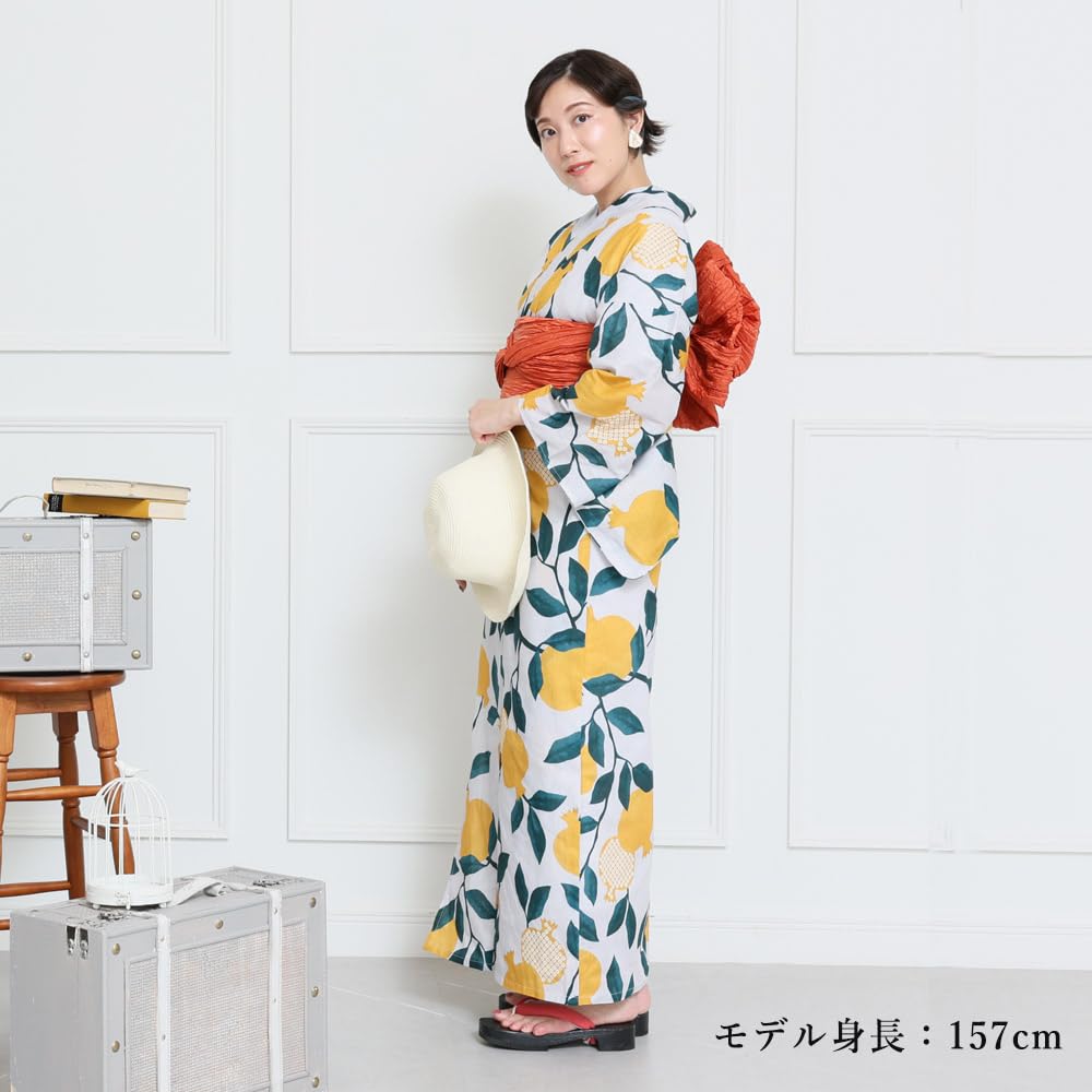 Kyoto Kimono Yuzen Women's Yukata and Obi Set (2-Piece Set) with Floral Pattern (Yellow (Hikida Pomegranate))