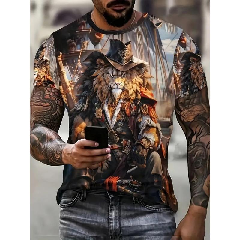 3D Plus Size Men's Lion Print T-shirt Summer Short Sleeve Crew Neck Tees Top Casual Men's Clothing Oversized Outdoor Pullover