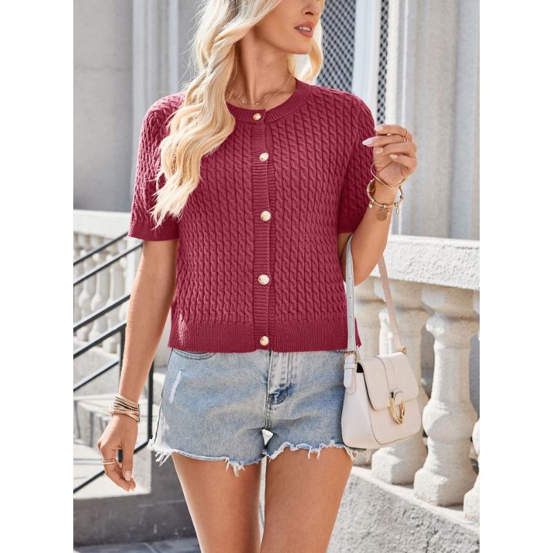 Women European Style Short Sleeve Button Front Cropped Round Neck Knitted Cardigan Sweater