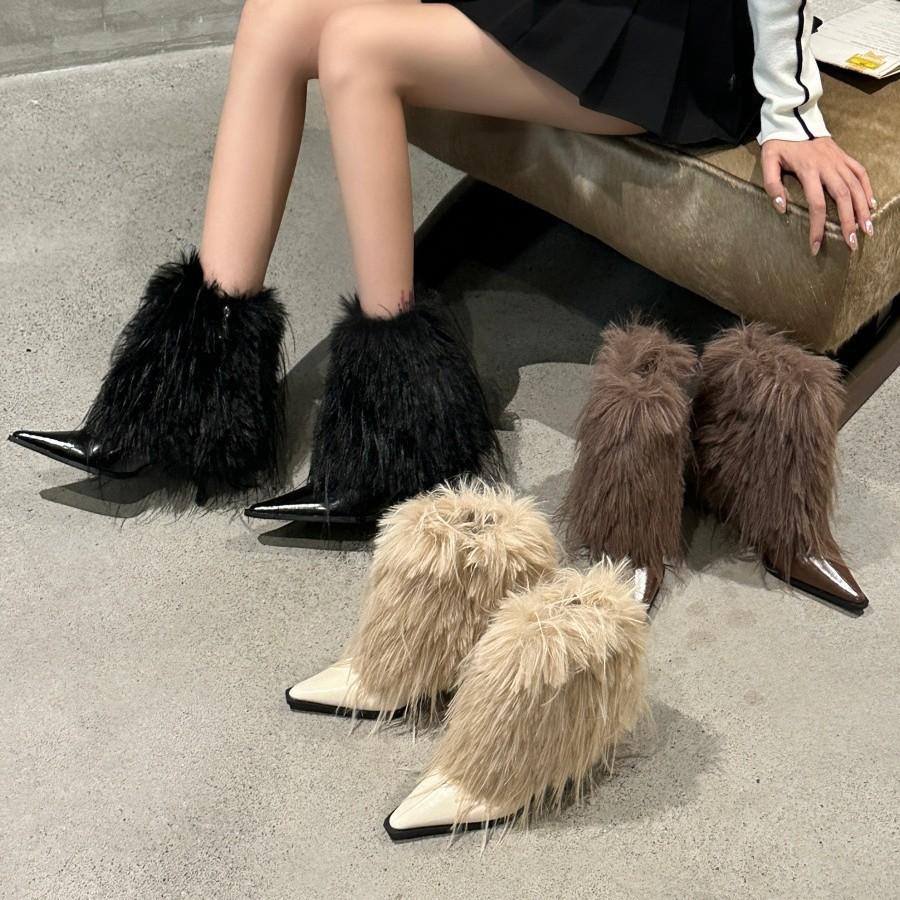 New fur fur short boots warm fashion women's shoes 2025 autumn and winter new pointed high women's boots snow boots