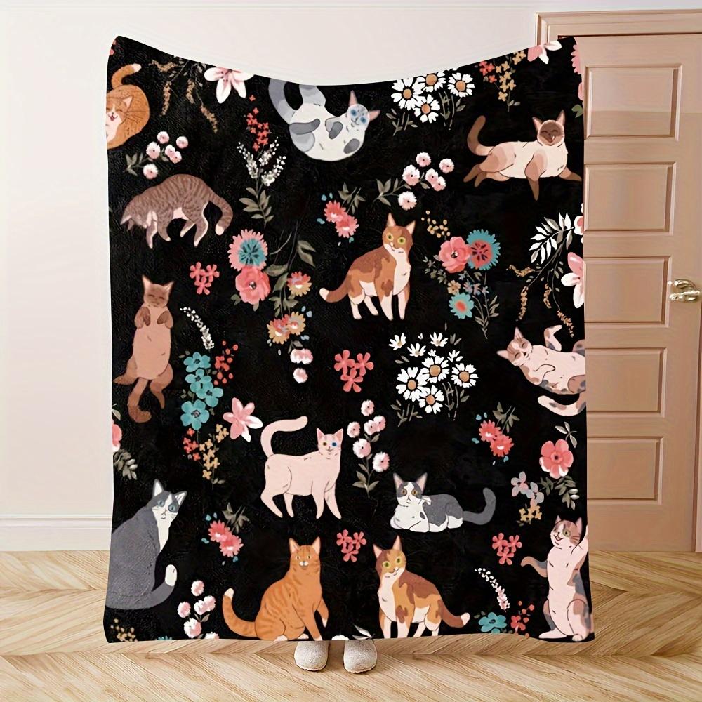 Cat and Floral Print Flannel Blanket | Rustic Style Home Decor with Vibrant Colors and Playful Print Flannel Blanket