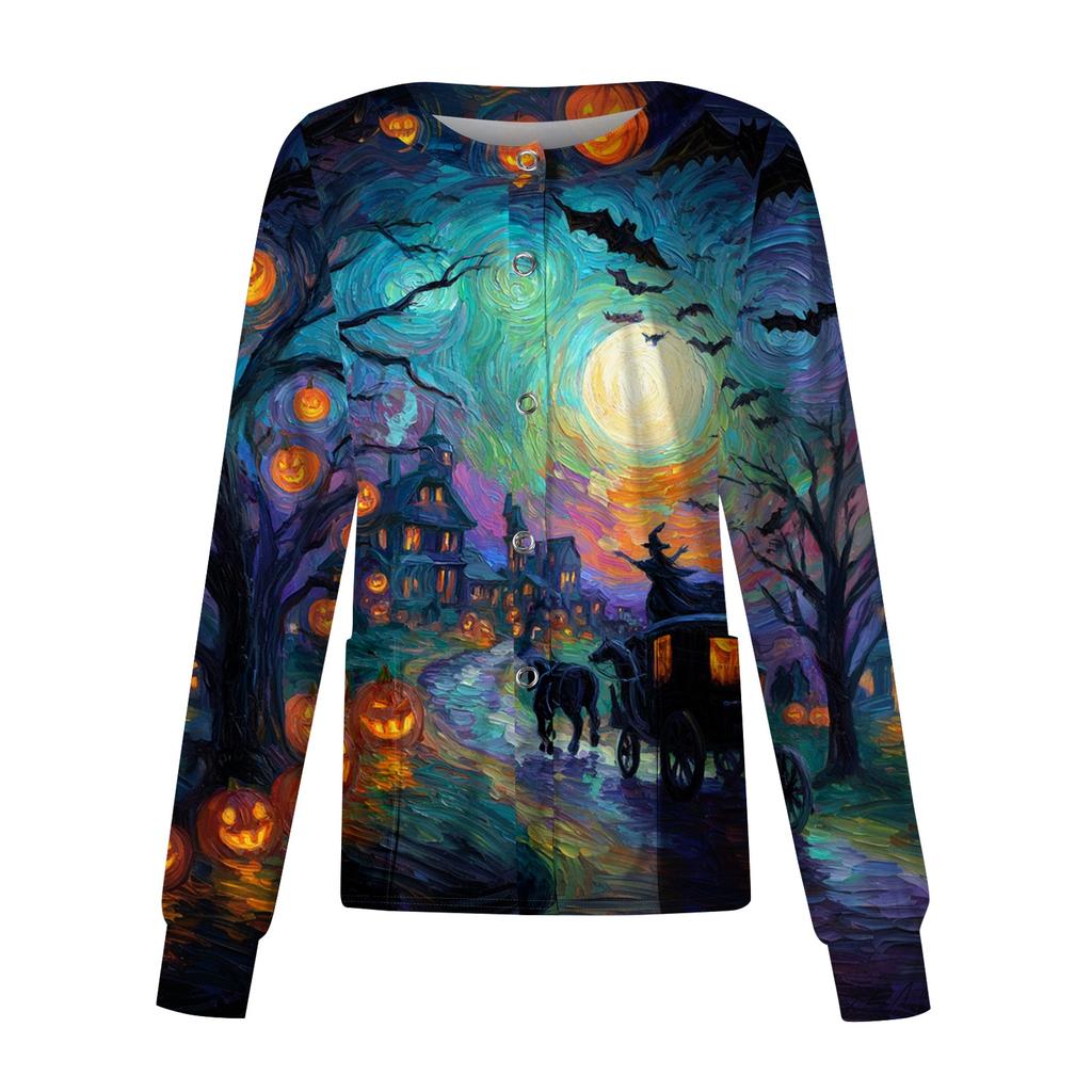 Women's Casual Long Sleeve Single Button Shirt Halloween Pumpkin Print Nurse Uniform Top Comfortable Fit Lightweight Fabric