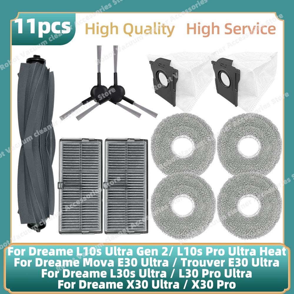 Passend für Dreame L10s Ultra Gen 2 / L10s Pro Ultra Heat / Mova E30 Ultra / Trouver E30 Ultra Ersatzteile: Hauptbürste, Seitenbürste, Filter, Wischbeutel