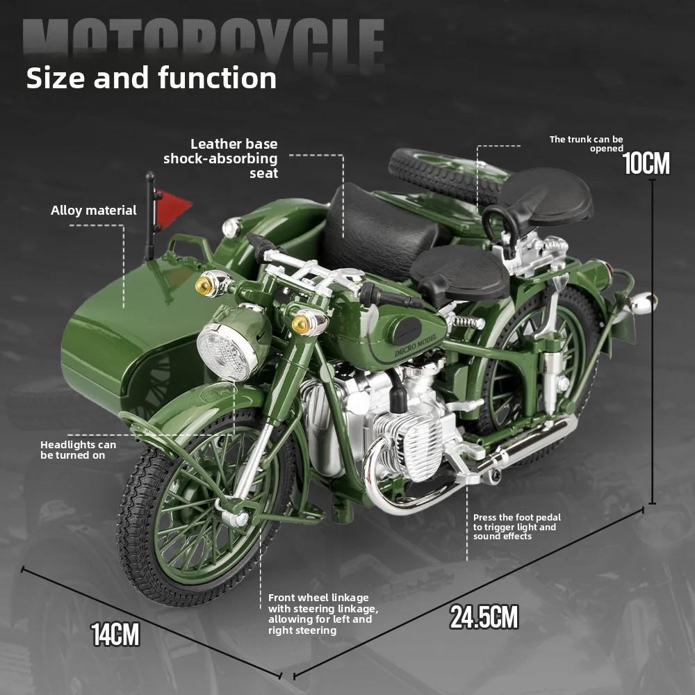 1/10 Ural M72 USSR Sidecar Motorcycle Alloy Metal Diecast Model Motorcycle Sound & Light Children's Toy Car Simulation Ornaments