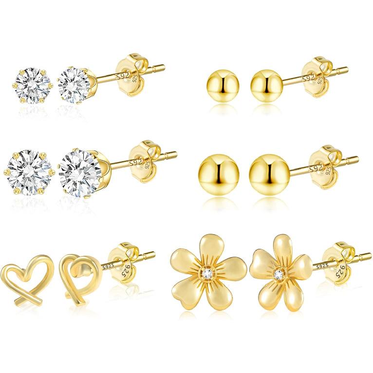 Stud Earrings for Women Hypoallergenic Sterling Silver Post Hoop and Studs Earrings Set for Multiple Piercing Small Ball Cubic Zirconia Earring Studs