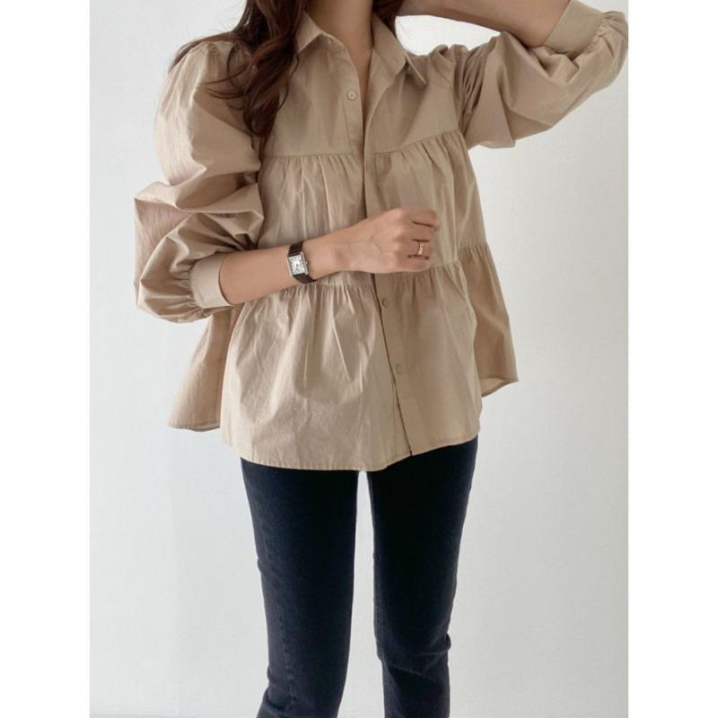 Casual Puff Sleeve Pleated White Shirts for Women Fashion Patchwork Simple Single Breasted Loose Blouses Tops Women Solid Lapel Vintage Blouse 26288