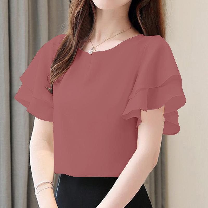 

ZANZEA Женская летняя блузка с круглым вырезом, оборками и короткими рукавами, повседневная 4XL камео розовый