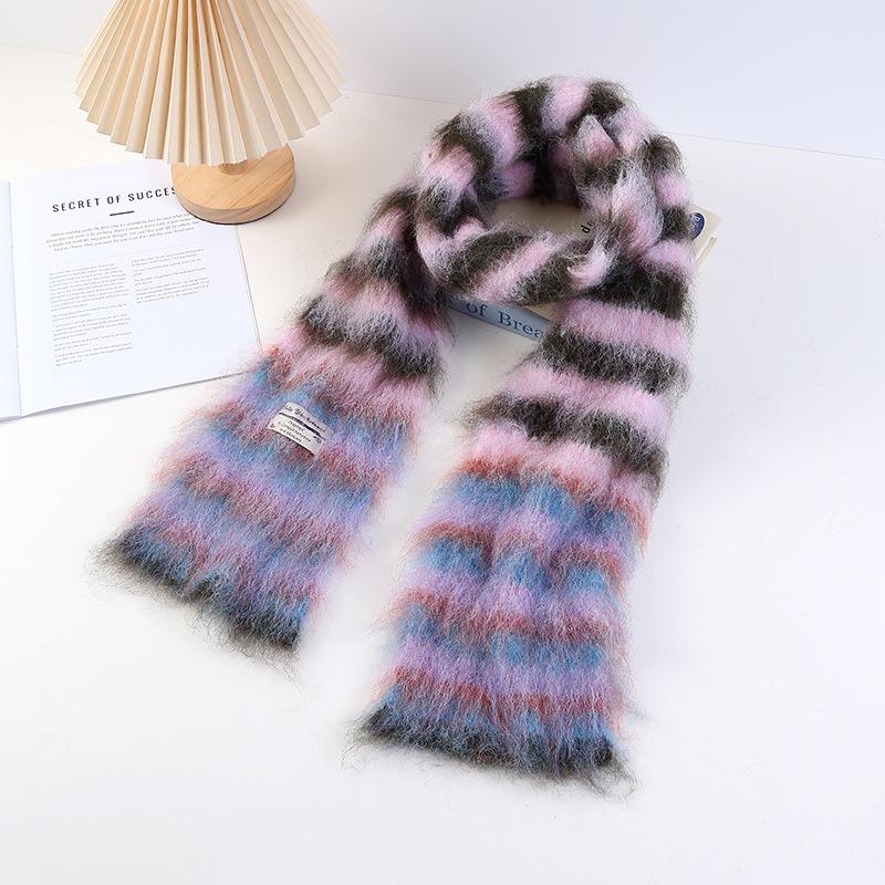 Thick Woolen Knitted Scarf Autumn Winter Rainbow Color Block Striped Versatile Anti-Cold Shoulder Wrap Scarf