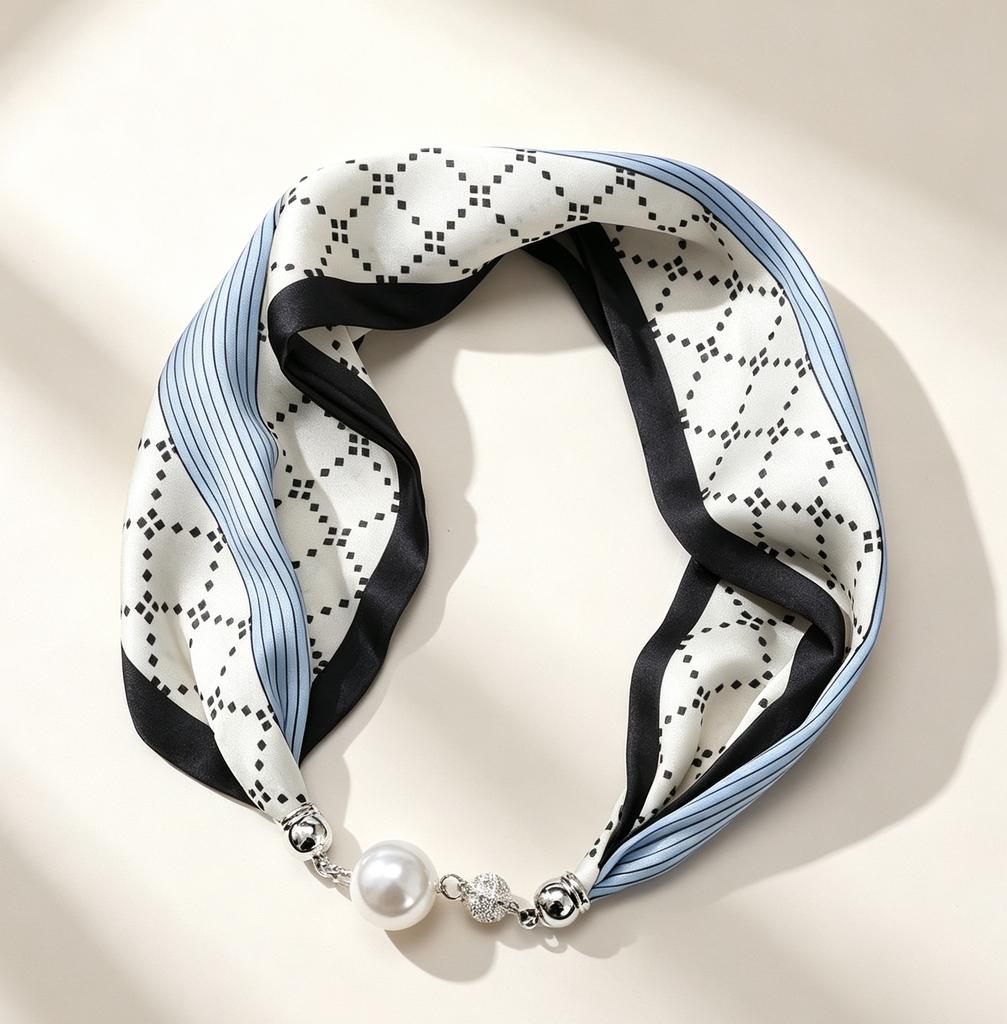 Internet celebrity explosion spring and summer magnetic attraction no knots small silk scarf pearl diamond ball high sense small scarf lazy thin scarf