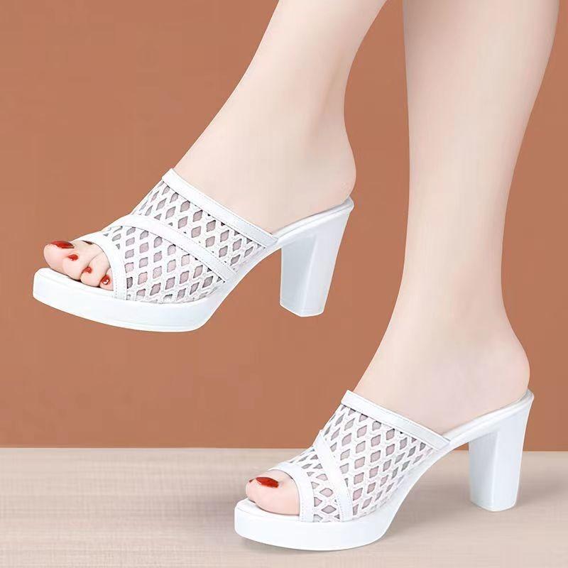 Women's Slippers And Ladies Sandals Heeled Shoes Black Job Slides Round Toe Fish Original Cheap Premium Korea Style 39 Pvc