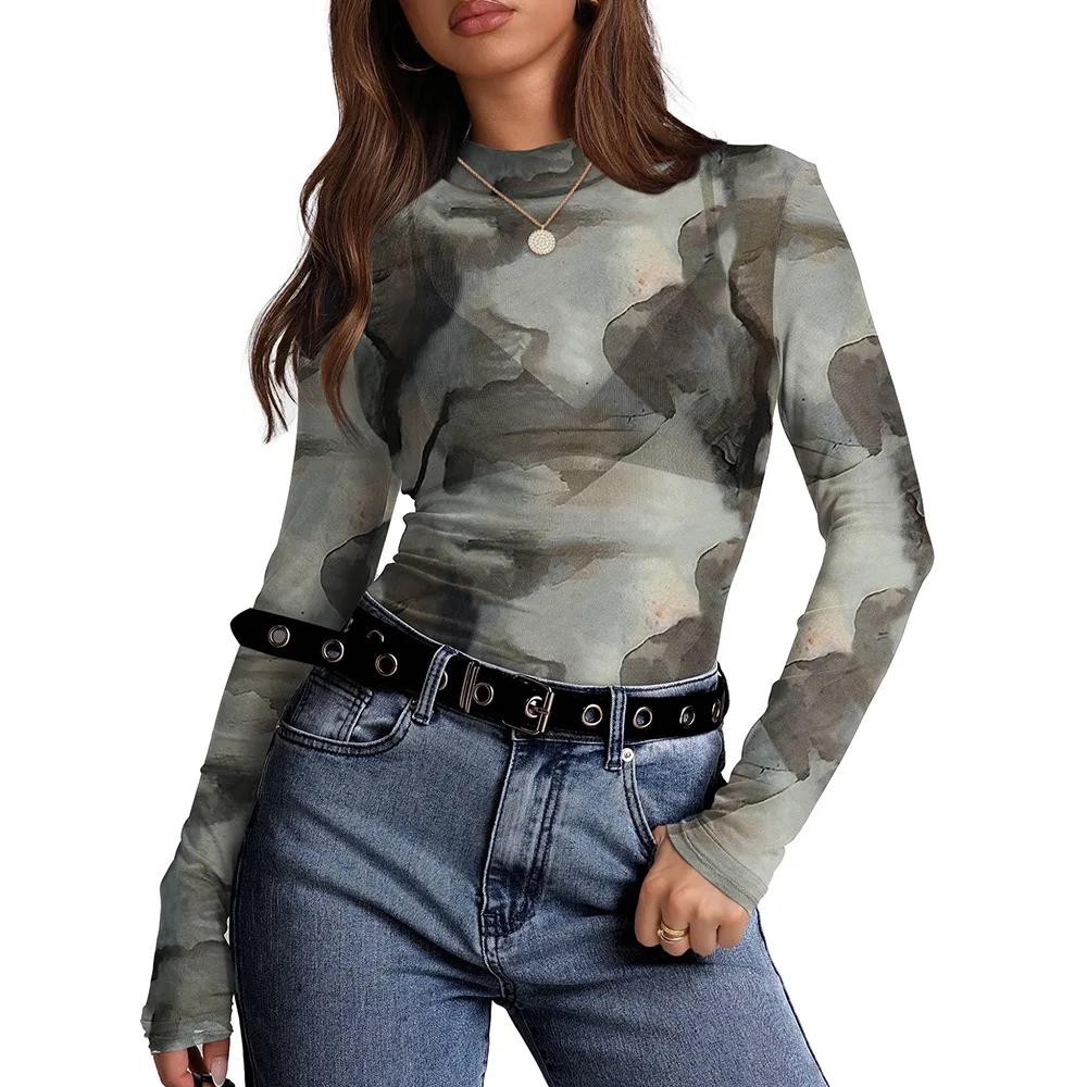 Perspective Long-sleeved T-shirt Sexy Y2K Mesh Top New Fashion and Versatile Women's Half Turtle Neck