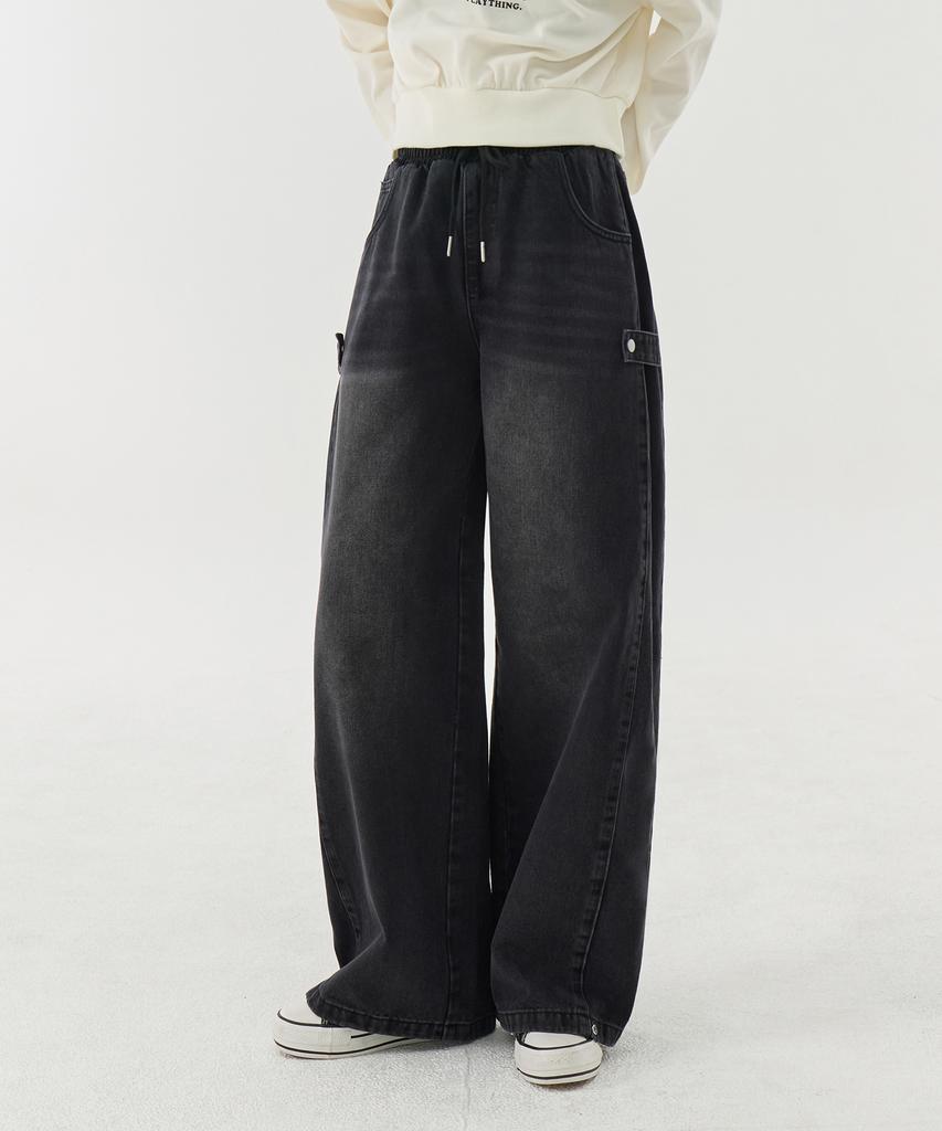 Akeusi Multi Side Strap Elastic Wide Denim Pants Unisex (Black)