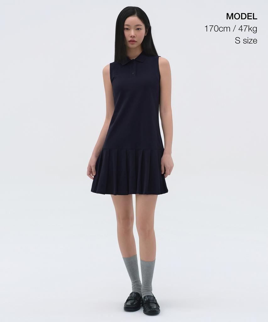 Musinsa Standard Woman [Cooltandard] Women'S Pleated Sleeveless Pique Polo Dress [Navy]