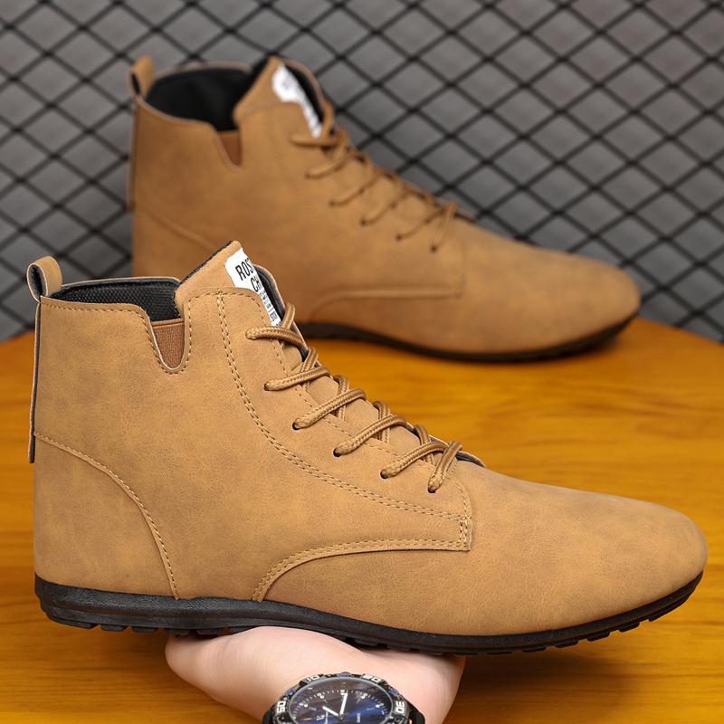 

Fashion Men High Top Suede Casual Shoes with Brown Leather Lace Up Ankle Boots Cushioned Insoles Anti Slip Black Sole Retro Style Boots 46 хаки