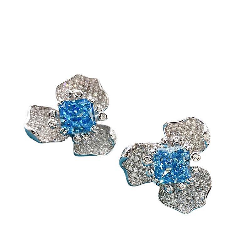 Luoxi Silver Aquamarine & Diamond Flower Earrings for Women